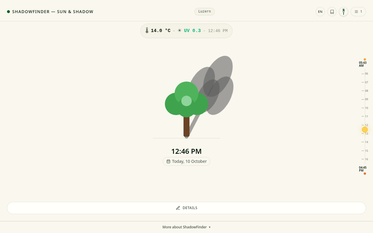 ShadowFinder App — Sonnenstand und Schatten für Luzern